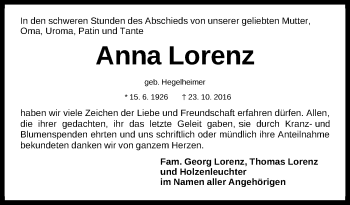 Traueranzeige von Anna Lorenz von Gesamtausgabe Nürnberger Nachrichten/ Nürnberger Ztg.