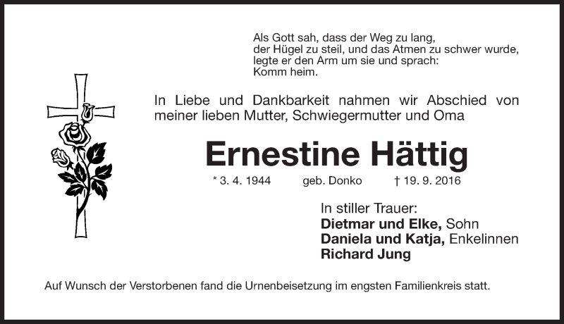  Traueranzeige für Ernestine Hättig vom 10.10.2016 aus Roth-Hilpoltsteiner Volkszeitung Lokal
