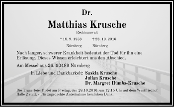 Traueranzeige von Matthias Krusche von Gesamtausgabe Nürnberger Nachrichten/ Nürnberger Ztg.