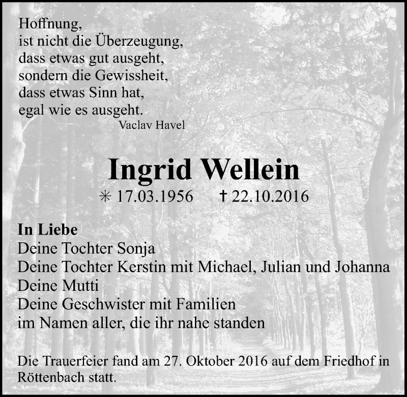  Traueranzeige für Ingrid Wellein vom 29.10.2016 aus Erlanger Nachrichten Lokal