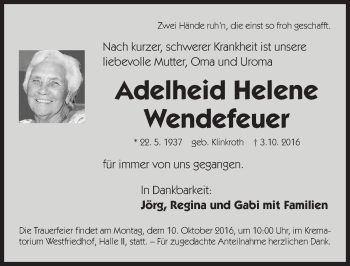 Traueranzeige von Adelheid Helene Wendefeuer von Gesamtausgabe Nürnberger Nachrichten/ Nürnberger Ztg.
