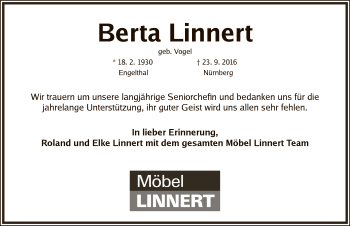 Traueranzeige von Berta Linnert von Gesamtausgabe Nürnberger Nachrichten/ Nürnberger Ztg.