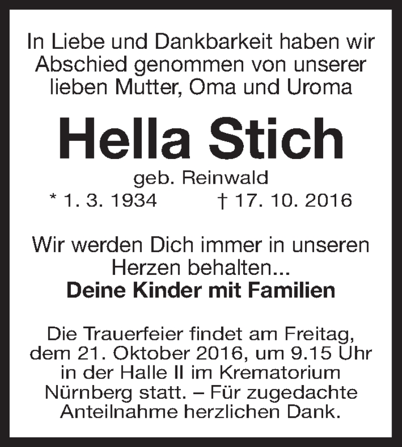  Traueranzeige für Hella Stich vom 19.10.2016 aus Gesamtausgabe Nürnberger Nachrichten/ Nürnberger Ztg.