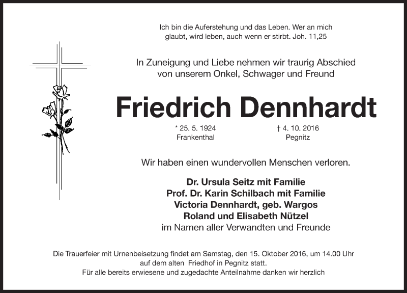  Traueranzeige für Friedrich Dennhardt vom 08.10.2016 aus Nordbayerische Nachrichten Pegnitz Lokal