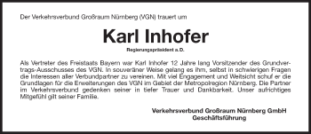 Traueranzeige von Karl Inhofer von Gesamtausgabe Nürnberger Nachrichten/ Nürnberger Ztg.