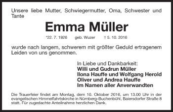 Traueranzeige von Emma Müller von Gesamtausgabe Nürnberger Nachrichten/ Nürnberger Ztg.