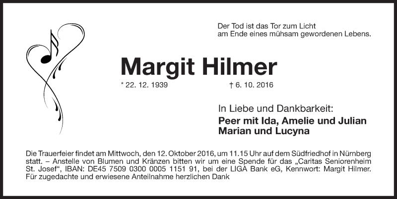  Traueranzeige für Margit Hilmer vom 08.10.2016 aus Gesamtausgabe Nürnberger Nachrichten/ Nürnberger Ztg.
