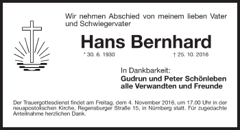 Traueranzeige von Hans Bernhard von Gesamtausgabe Nürnberger Nachrichten/ Nürnberger Ztg.