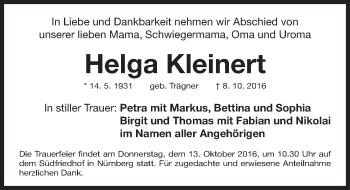 Traueranzeige von Helga Kleinert von Gesamtausgabe Nürnberger Nachrichten/ Nürnberger Ztg.