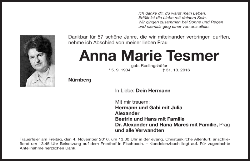  Traueranzeige für Anna Marie Tesmer vom 01.11.2016 aus Gesamtausgabe Nürnberger Nachrichten/ Nürnberger Ztg.