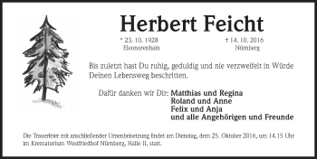 Traueranzeige von Herbert Feicht von Gesamtausgabe Nürnberger Nachrichten/ Nürnberger Ztg.