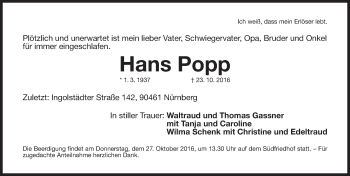 Traueranzeige von Hans Popp von Gesamtausgabe Nürnberger Nachrichten/ Nürnberger Ztg.
