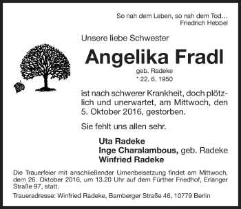 Traueranzeige von Angelika Fradl von Fürther Nachrichten Lokal