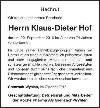 Traueranzeige von Klaus-Dieter Hof von Gesamtausgabe Nürnberger Nachrichten/ Nürnberger Ztg.