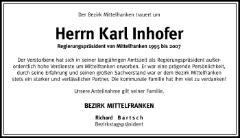 Traueranzeige von Karl Inhofer von Gesamtausgabe Nürnberger Nachrichten/ Nürnberger Ztg.