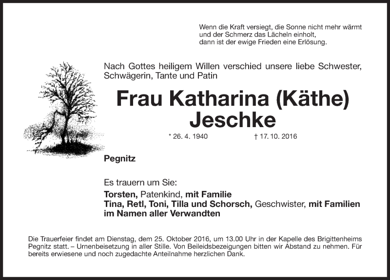  Traueranzeige für Katharina Jeschke vom 22.10.2016 aus Nordbayerische Nachrichten Pegnitz Lokal