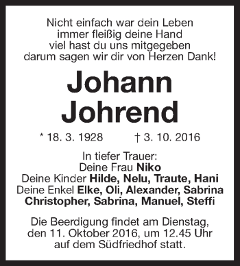 Traueranzeige von Johann Johrend von Gesamtausgabe Nürnberger Nachrichten/ Nürnberger Ztg.