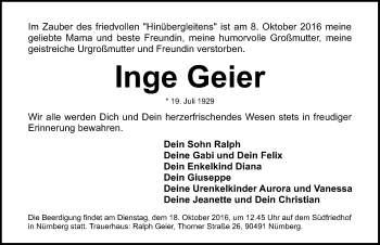 Traueranzeige von Inge Geier von Gesamtausgabe Nürnberger Nachrichten/ Nürnberger Ztg.