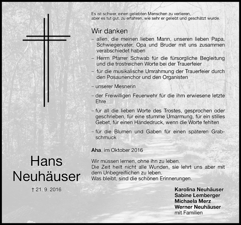 Traueranzeigen von Hans Neuhäuser | trauer.nn.de
