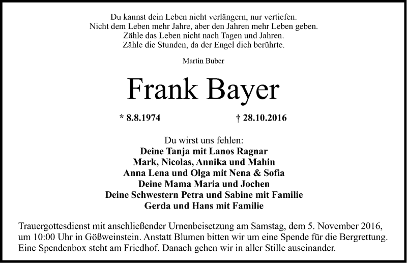  Traueranzeige für Frank Bayer vom 01.11.2016 aus Nordbayerische Nachrichten Forchheim Lokal