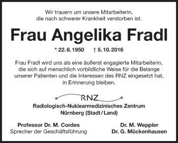 Traueranzeige von Angelika Fradl von Gesamtausgabe Nürnberger Nachrichten/ Nürnberger Ztg.
