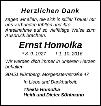 Traueranzeige von Ernst Homolka von Gesamtausgabe Nürnberger Nachrichten/ Nürnberger Ztg.