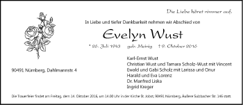 Traueranzeige von Evelyn Wust von Gesamtausgabe Nürnberger Nachrichten/ Nürnberger Ztg.