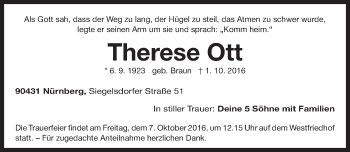 Traueranzeige von Therese Ott von Gesamtausgabe Nürnberger Nachrichten/ Nürnberger Ztg.