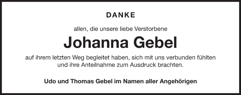  Traueranzeige für Johanna Gebel vom 29.10.2016 aus Gesamtausgabe Nürnberger Nachrichten/ Nürnberger Ztg.