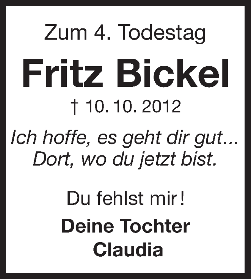  Traueranzeige für Fritz Bickel vom 10.10.2016 aus Roth-Hilpoltsteiner Volkszeitung Lokal