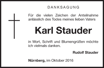 Traueranzeige von Karl Stauder von Gesamtausgabe Nürnberger Nachrichten/ Nürnberger Ztg.