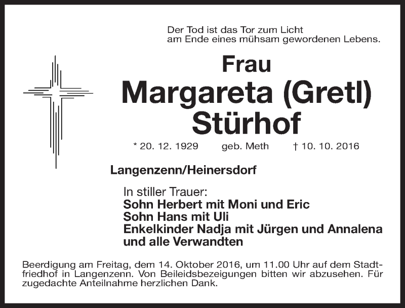  Traueranzeige für Margareta Stürhof vom 12.10.2016 aus Fürther Nachrichten Lokal