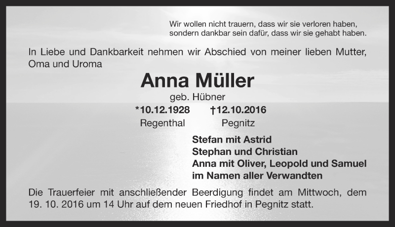  Traueranzeige für Anna Müller vom 15.10.2016 aus Nordbayerische Nachrichten Pegnitz Lokal
