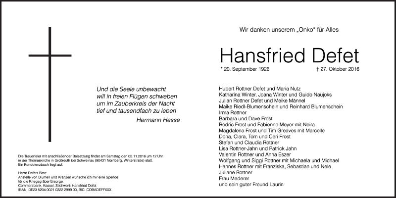  Traueranzeige für Hansfried Defet vom 01.11.2016 aus Gesamtausgabe Nürnberger Nachrichten/ Nürnberger Ztg.