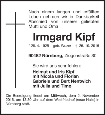 Traueranzeige von Irmgard Kipf von Gesamtausgabe Nürnberger Nachrichten/ Nürnberger Ztg.