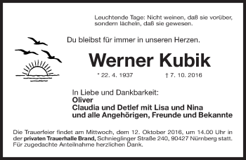 Traueranzeige von Werner Kubik von Gesamtausgabe Nürnberger Nachrichten/ Nürnberger Ztg.