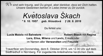 Traueranzeige von Kvetoslava Skach von Gesamtausgabe Nürnberger Nachrichten/ Nürnberger Ztg.