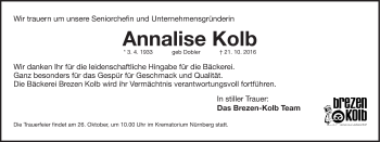 Traueranzeige von Annalise Kolb von Gesamtausgabe Nürnberger Nachrichten/ Nürnberger Ztg.