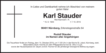 Traueranzeige von Karl Stauder von Gesamtausgabe Nürnberger Nachrichten/ Nürnberger Ztg.