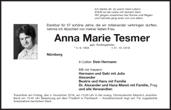 Traueranzeige von Anna Marie Tesmer von Gesamtausgabe Nürnberger Nachrichten/ Nürnberger Ztg.