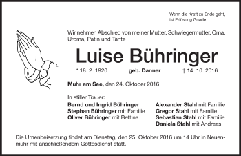 Traueranzeige von Luise Bühringer von Altmühl-Bote Lokal