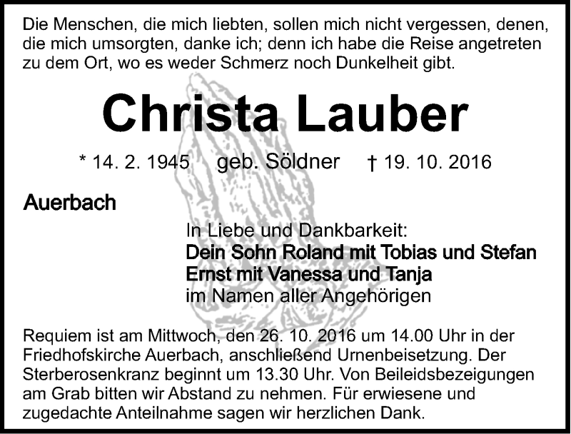  Traueranzeige für Christa Lauber vom 22.10.2016 aus Nordbayerische Nachrichten Pegnitz Lokal