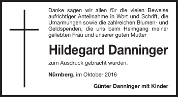 Traueranzeige von Hildegard Danninger von Gesamtausgabe Nürnberger Nachrichten/ Nürnberger Ztg.