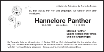 Traueranzeige von Hannelore Panther von Gesamtausgabe Nürnberger Nachrichten/ Nürnberger Ztg.