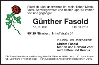 Traueranzeige von Günther Fasold von Fürther Nachrichten Lokal
