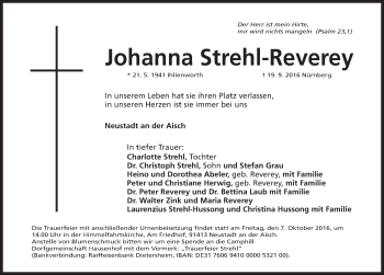 Traueranzeige von Johanna Strehl-Reverey von Gesamtausgabe Nürnberger Nachrichten/ Nürnberger Ztg.