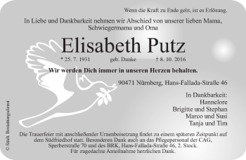 Traueranzeige von Elisabeth Putz von Gesamtausgabe Nürnberger Nachrichten/ Nürnberger Ztg.