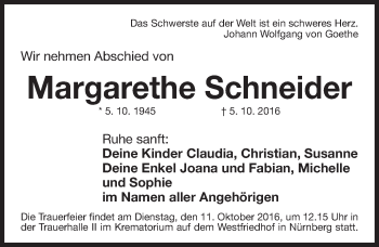 Traueranzeige von Margarethe Schneider von Gesamtausgabe Nürnberger Nachrichten/ Nürnberger Ztg.