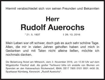 Traueranzeige von Rudolf Auerochs von Gesamtausgabe Nürnberger Nachrichten/ Nürnberger Ztg.