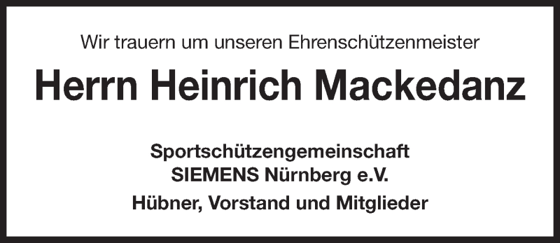  Traueranzeige für Heinrich Mackedanz vom 29.10.2016 aus Gesamtausgabe Nürnberger Nachrichten/ Nürnberger Ztg.